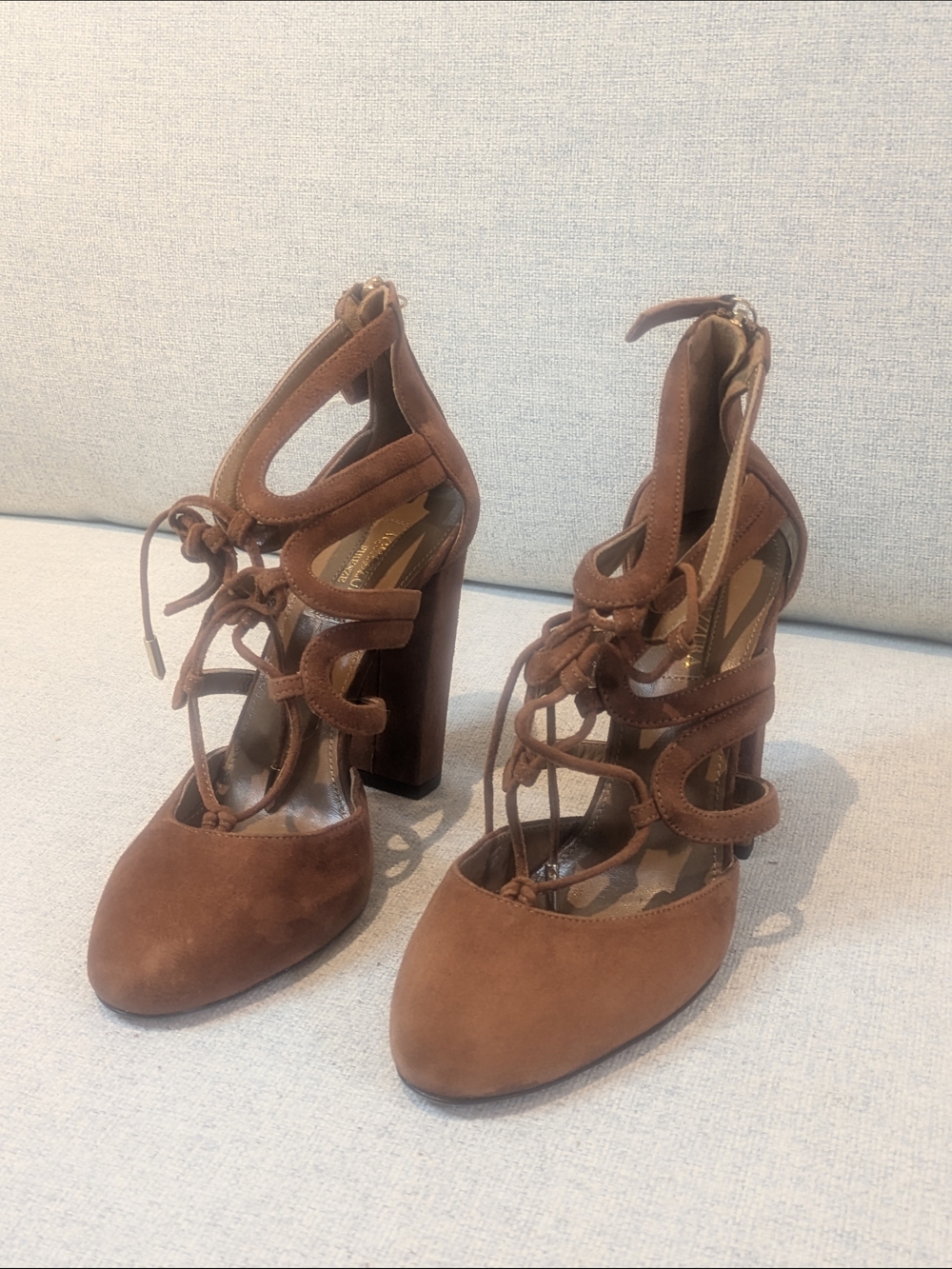 Aquazzura Firenze Brown Suede Caged Lace-Up Block Heel Pumps 37.5 US7/7.5